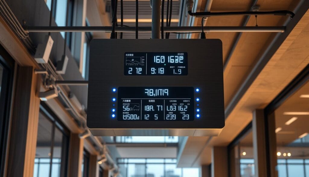 A high-tech seismic sensor system designed for commercial and residential buildings, with sleek Japanese-inspired aesthetic. Precision sensors embedded in the building's framework, connected to a central monitoring console. Soft, diffused lighting illuminates the panel's digital readouts, displaying real-time data on ground vibrations and tremor detection. The system is enclosed in a minimalist, low-profile chassis of brushed aluminum, seamlessly integrated into the modern architecture. Subtle blue LED indicators provide status updates, while an advanced AI analyzes the sensor data to alert building managers of potential seismic events, ensuring the safety and structural integrity of the structure.