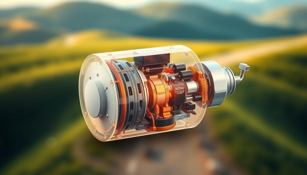 A highly detailed and technical illustration of a seismic sensor, showcasing its inner workings and the various components that enable it to detect and measure seismic waves. The sensor is depicted in a cutaway view, with a transparent housing revealing the intricate arrangement of electronic circuits, sensors, and other specialized components. The foreground focuses on the precise engineering of the sensor, including its sensitive accelerometers, signal processing units, and power supply. The middle ground shows the sensor's connection to a data transmission system, emphasizing the role it plays in a larger network of seismic monitoring. The background features a softly blurred landscape, hinting at the sensor's intended deployment in the field, ready to capture the movement of the earth and transmit critical data for earthquake early warning and scientific analysis.