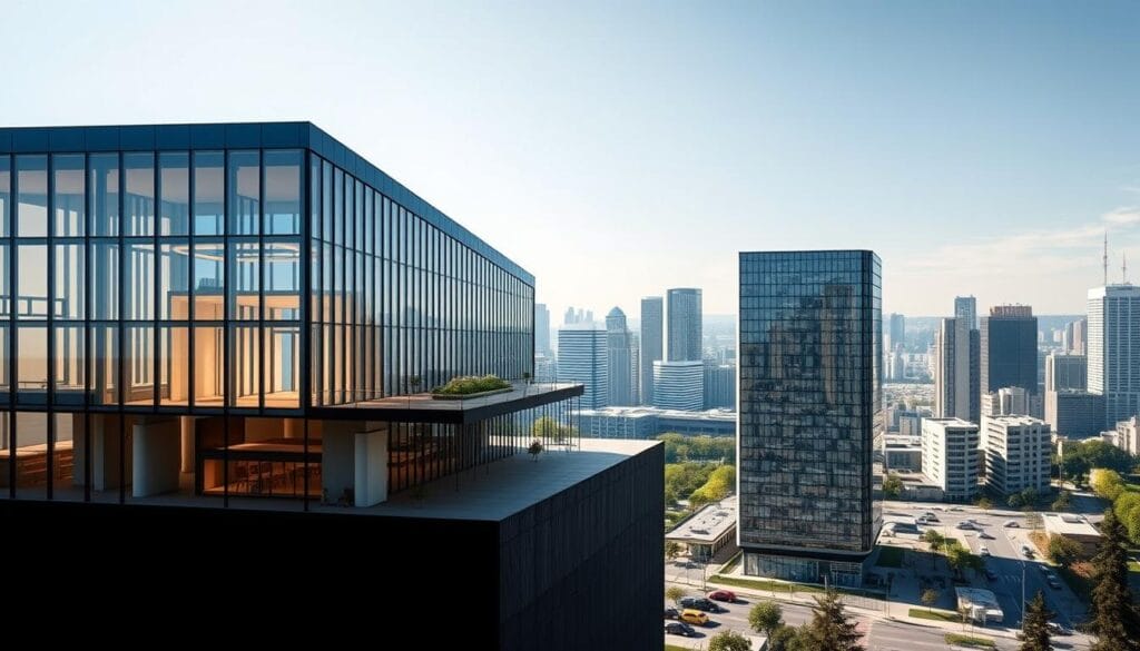 A modern office building with a sophisticated seismic protection system. In the foreground, an architectural cross-section reveals the building's internal structure, showcasing the advanced damping and isolation technologies employed to withstand earthquakes. The middle ground depicts the exterior of the office, with sleek glass facades and clean lines, conveying a sense of strength and resilience. The background landscape features a cityscape of skyscrapers, reflecting the urban setting. The lighting is crisp and dramatic, casting long shadows and highlighting the technical details of the seismic protection system. The overall mood is one of security, innovation, and confidence in the face of natural disasters.
