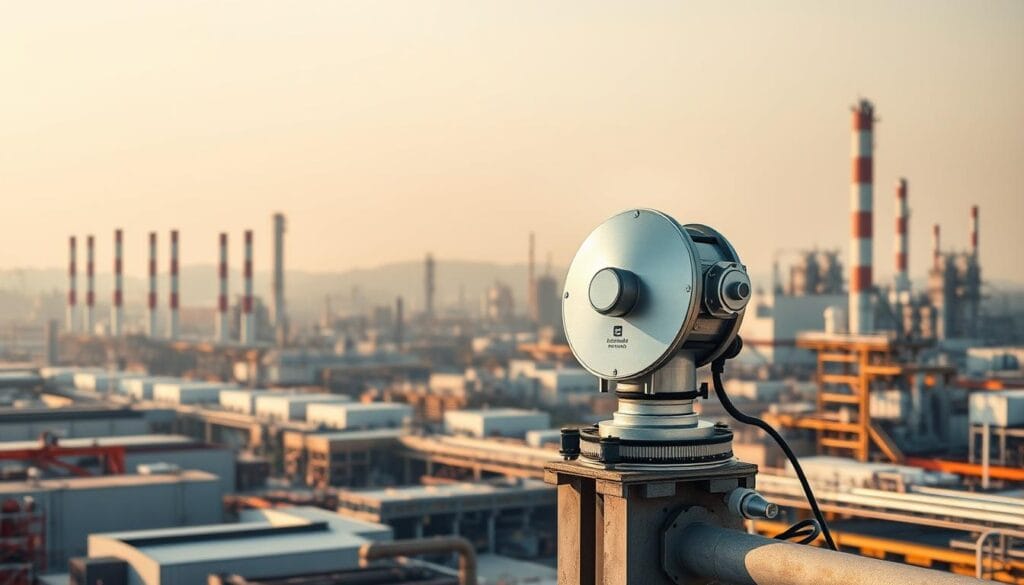 A state-of-the-art seismic sensor installation mounted on a sturdy industrial structure, surrounded by a modern manufacturing complex. The sensor's sleek, metallic exterior gleams under the warm, diffused lighting of the scene. In the background, rows of factory buildings and smokestacks rise against a hazy, atmospheric sky, conveying a sense of industrial activity and technological progress. The composition emphasizes the sensor's prominence, underscoring its role in monitoring and safeguarding the industrial environment from the threat of earthquakes. The overall tone is one of precision, functionality, and a commitment to safety and risk mitigation.